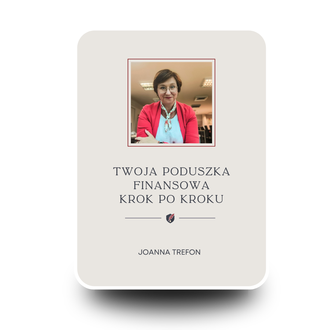 mockup tabletu, z okładką e-booka "Twoja poduszka finansowa krok po kroku"/ Na okłądce uśmiechnięta kobiety w apaszce i czerwonym żakiecie, niżej tytuł i podpis "Joanna Trefon"