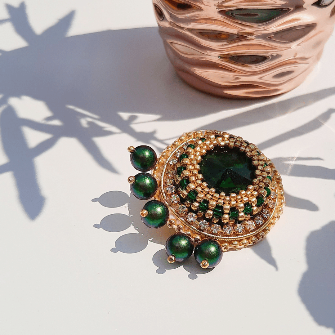 broszka, wisiorek, perła, rivoli, zielony, złoto, złoty, biżuteria dla kobiet, cyrkonie, elegancka biżuteria